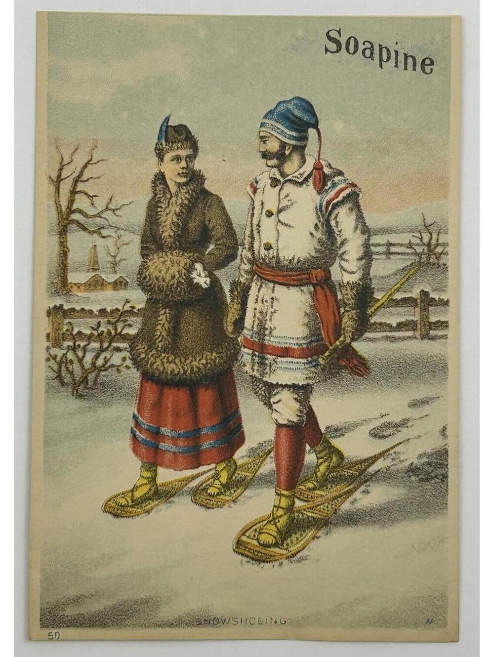 Vintage 1880s Soapine Trade Card Snowshoeing Kendall Mfg Co Providence RI  E-7